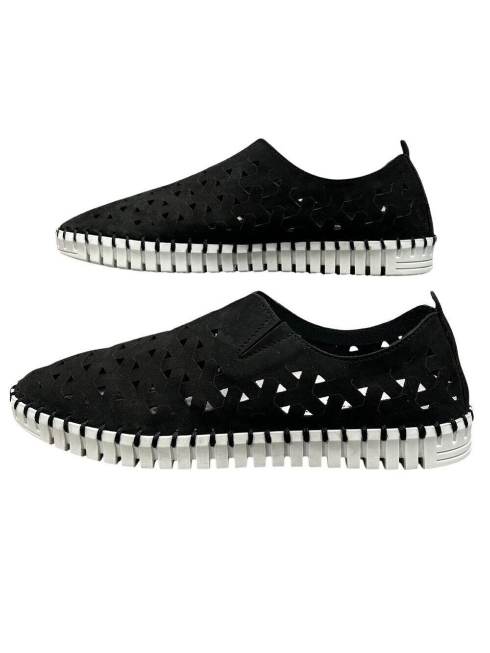 Eric Michael Inez Black Leather Cutouts Slip-On Flats Shoes Size 38